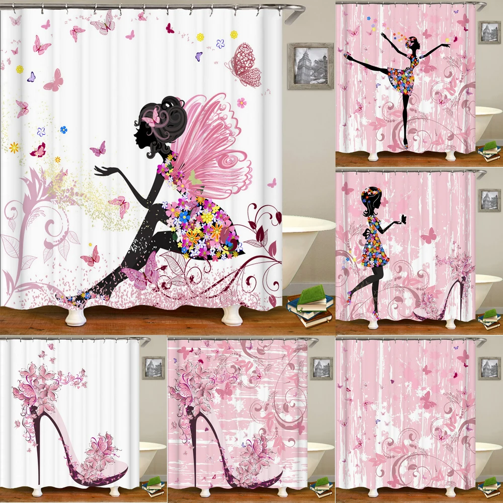 Shower Curtain Liner - Pink Flower Butterfly Girls Shower Curtains
