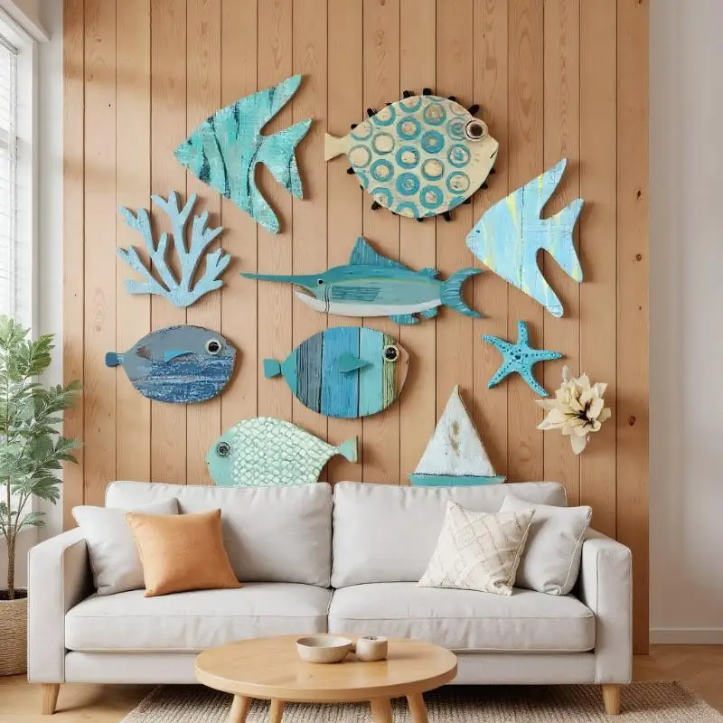 10pcs/set Fish Wall Decor Wood - đánh giá và giá Jet Home Bathroom